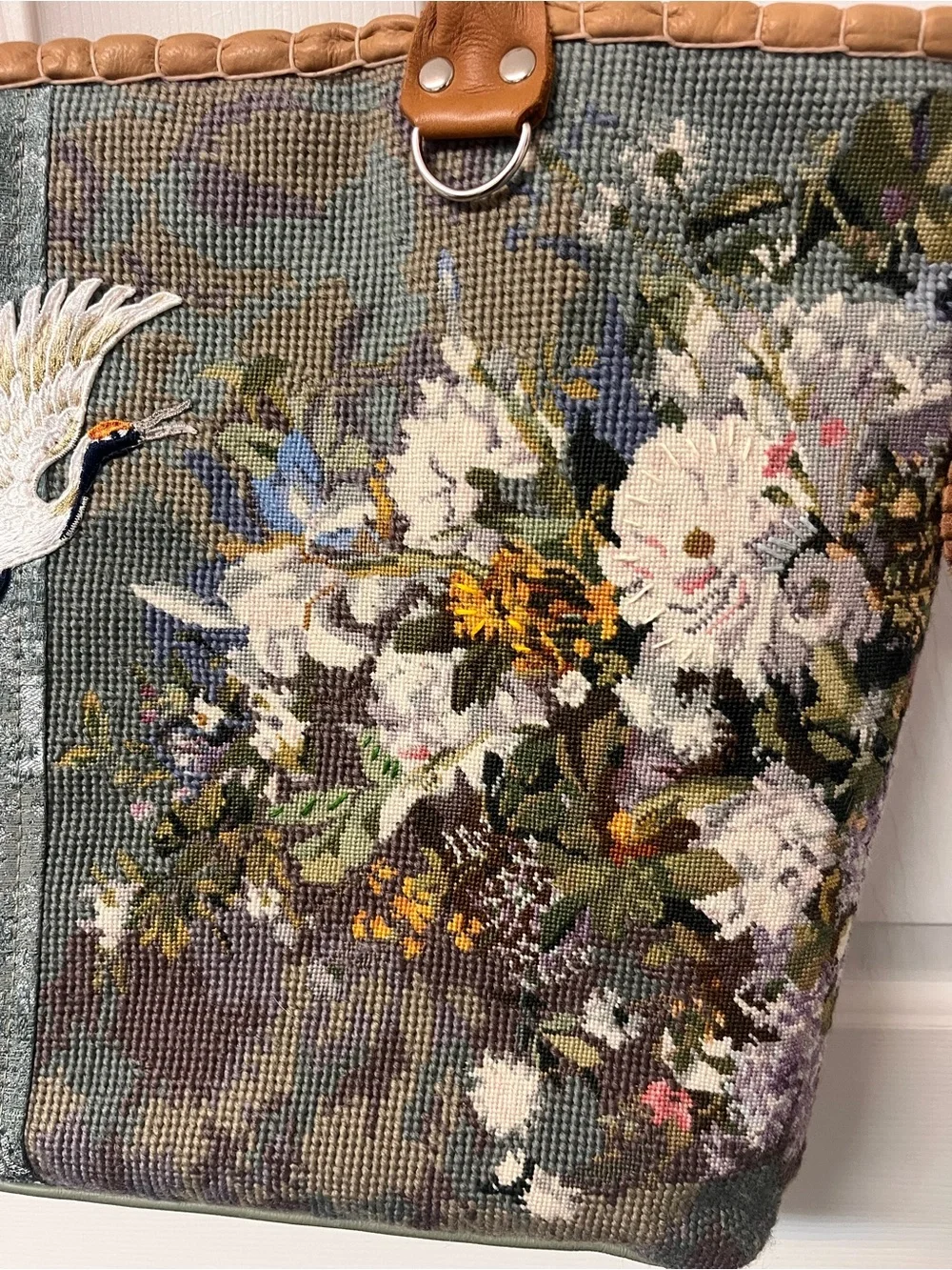 Handmade One-of-a-kind handbag tote purse . Crane velvet floral bag artwork.
